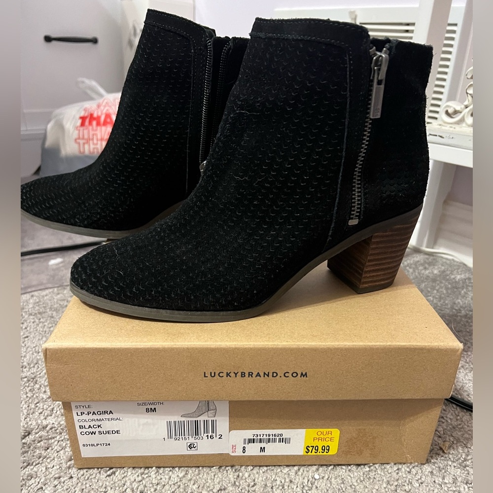 Lucky Brand Black Ankle Booties with Textured Upper and Stacked Heel